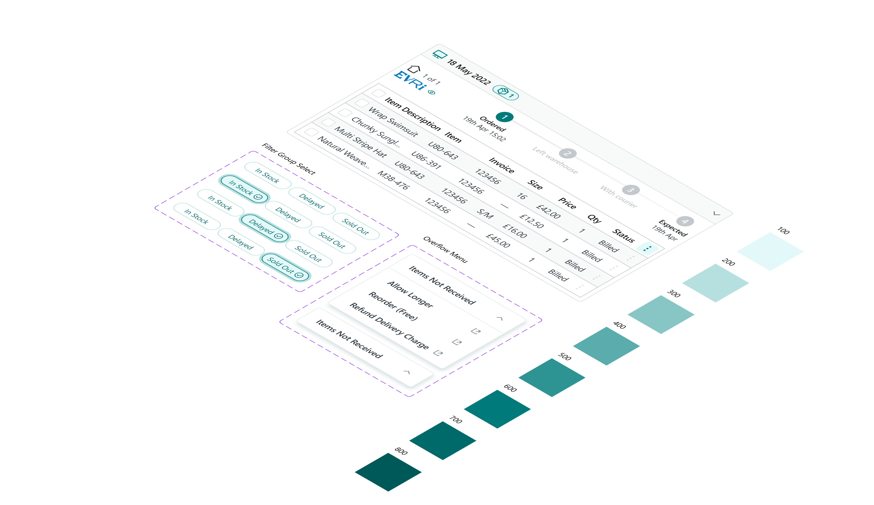 SolveKit design system with an order table, stock status buttons, an order action menu and teal colour swatches.